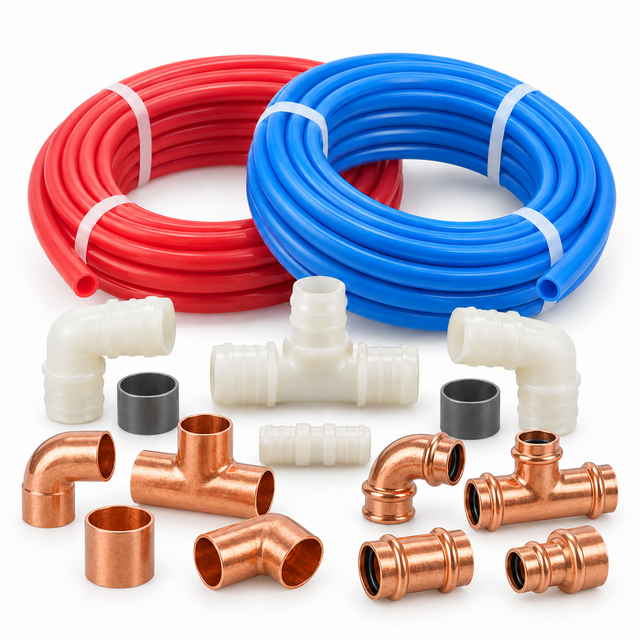 Representative PEX-a tubing, copper fittings, and press fittings