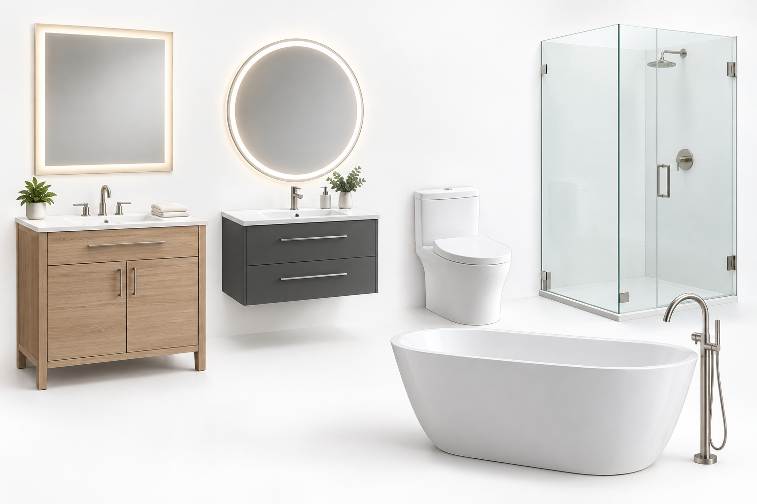 Bathroom showroom display with floor-standing and wall-mounted vanities, LED mirrors, toilet, freestanding tub, and shower door